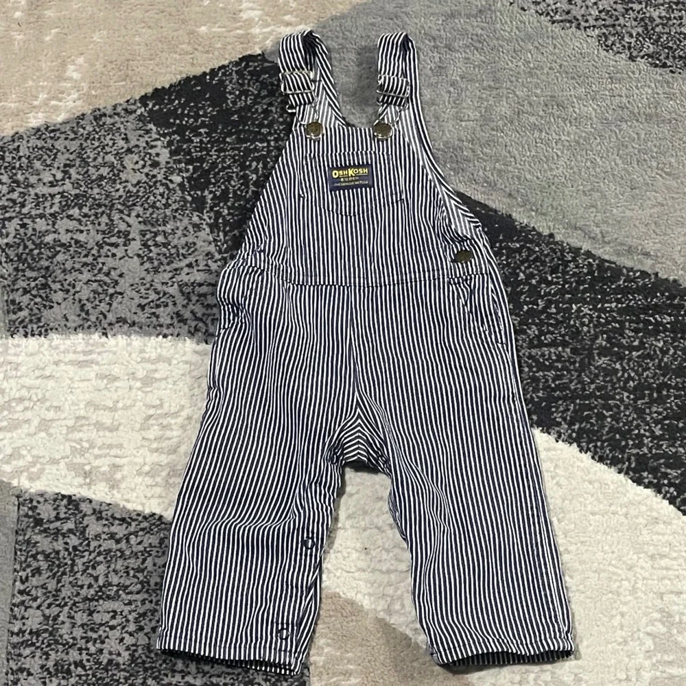 Vintage OshKosh B'gosh Vesbak Overalls Kids 24M Blue Hickory Stripe USA Made